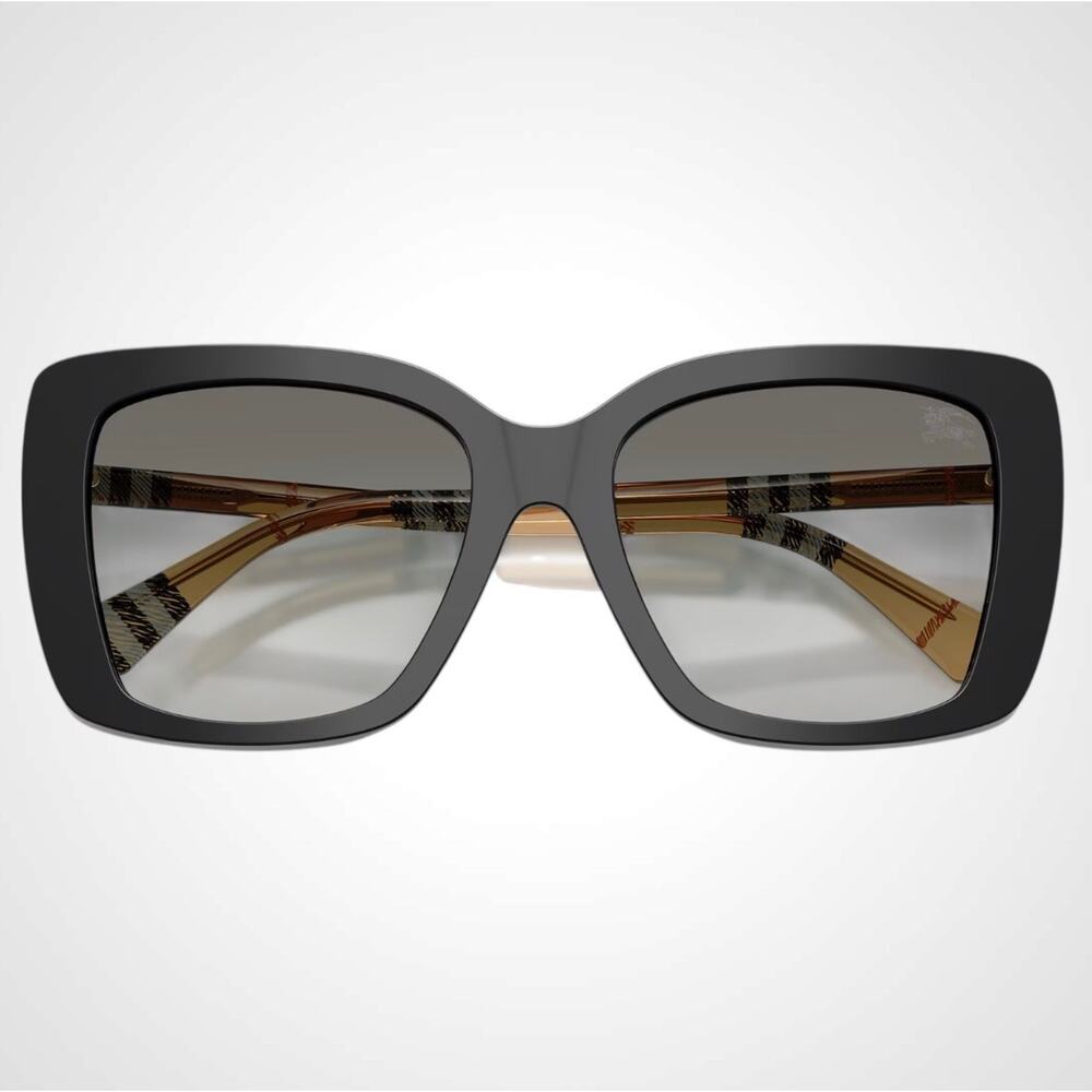 New Burberry Sunglasses Black Front Square Frame Checkered Arms Gray Lens Womens - Picture 3 of 7